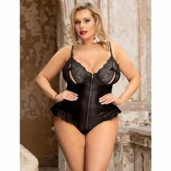 Discount ✨ Bondara Siren Plus Size Lace Peephole Wet Look Zip-Up Teddy 👍